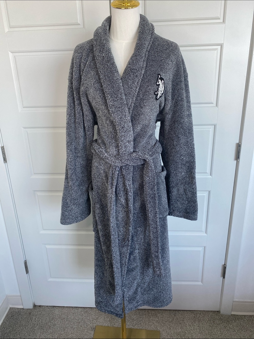 U.S. Polo Assn Gray Plush Fleece Robe L XL Shawl Collar Belted Logo